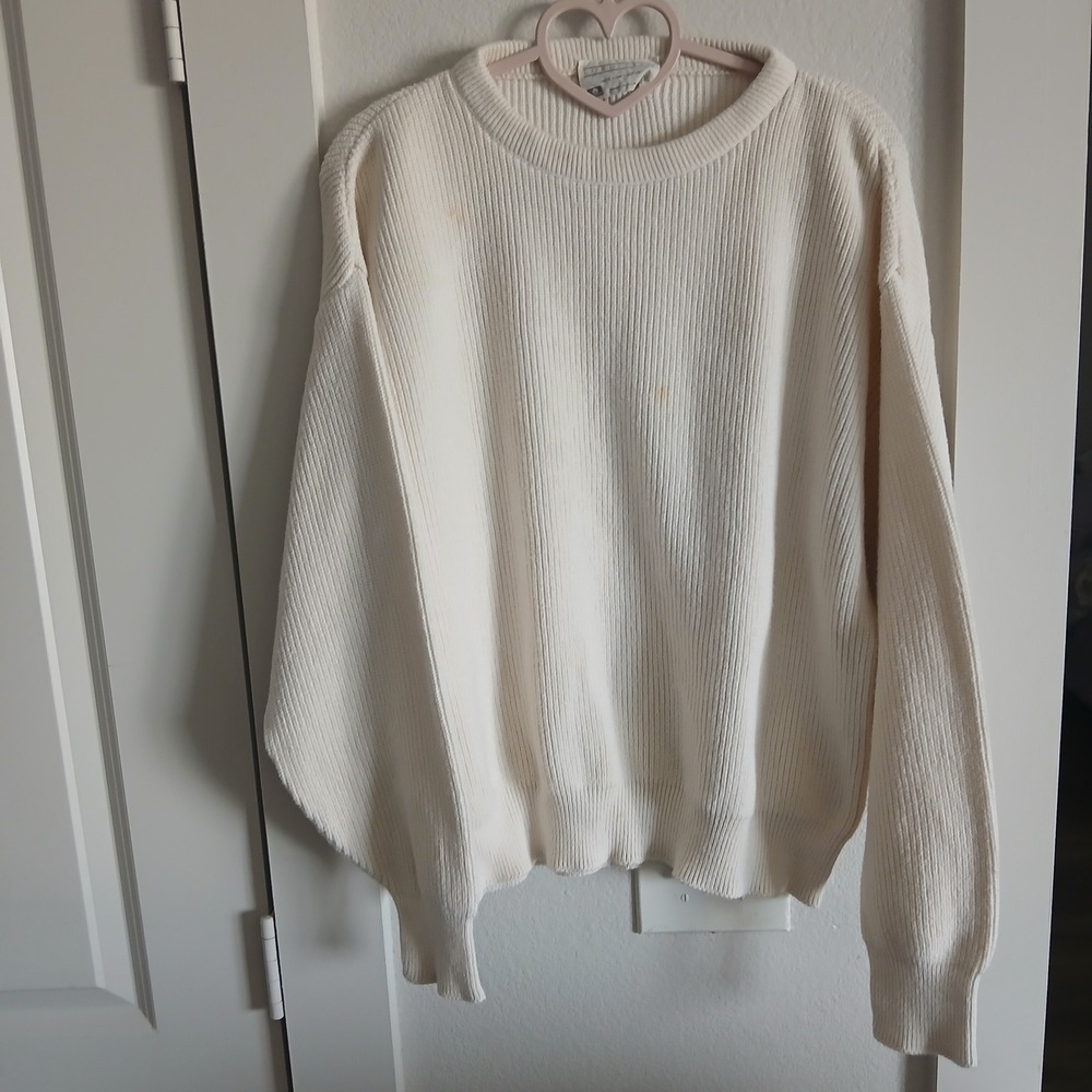 Vintage Lord Jeff Cream Ribbed Cotton Crewneck Sweater Made in USA Mens Medium